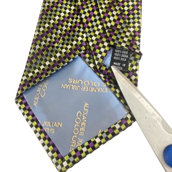 Alexander Julian Colours Checkered Silk Tie Purple Green Business Wedding - Picture 4 of 6